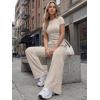 imageTrendy Queen Womens 2 Piece Lounge Matching Sets Wide Leg Pants Crew Neck Short Sleeve Shirt SweatsuitsKhaki