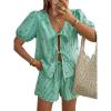 imageTrendy Queen Short Sets Women 2 Piece Summer Vacation Beach Outfits Going Out Matching Clothes Cute Striped Tie Front TopsGreen