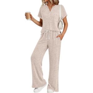 imageTrendy Queen 2 Piece Lounge Sets for Women Summer 2026 Henley Sweatsuit Travel Vacation Airport Outfits Pajamas SetsApricot