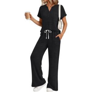 imageTrendy Queen 2 Piece Lounge Sets for Women Summer 2026 Henley Sweatsuit Travel Vacation Airport Outfits Pajamas SetsBlack