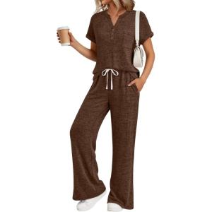 imageTrendy Queen 2 Piece Lounge Sets for Women Summer 2026 Henley Sweatsuit Travel Vacation Airport Outfits Pajamas SetsChocolate Brown