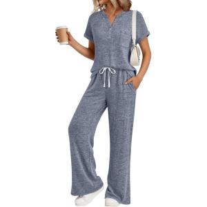 imageTrendy Queen 2 Piece Lounge Sets for Women Summer 2026 Henley Sweatsuit Travel Vacation Airport Outfits Pajamas SetsDusty Blue