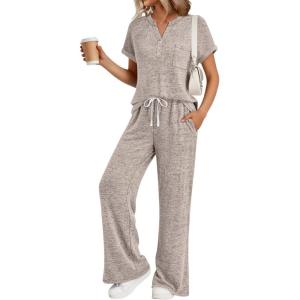 imageTrendy Queen 2 Piece Lounge Sets for Women Summer 2026 Henley Sweatsuit Travel Vacation Airport Outfits Pajamas SetsKhaki