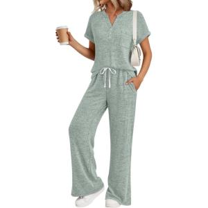 imageTrendy Queen 2 Piece Lounge Sets for Women Summer 2026 Henley Sweatsuit Travel Vacation Airport Outfits Pajamas SetsLight Green