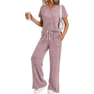 imageTrendy Queen 2 Piece Lounge Sets for Women Summer 2026 Henley Sweatsuit Travel Vacation Airport Outfits Pajamas SetsPink