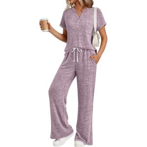 imageTrendy Queen 2 Piece Lounge Sets for Women Summer 2026 Henley Sweatsuit Travel Vacation Airport Outfits Pajamas SetsPurple