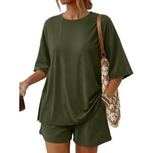 imageTrendy Queen 2 Piece Summer Set Oversized Top amp Loose Fit Shorts with PocketsArmy Green