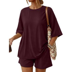 imageTrendy Queen 2 Piece Summer Set Oversized Top amp Loose Fit Shorts with PocketsBurgundy