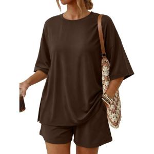imageTrendy Queen 2 Piece Summer Set Oversized Top amp Loose Fit Shorts with PocketsCoffee