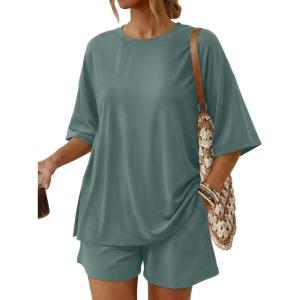 imageTrendy Queen 2 Piece Summer Set Oversized Top amp Loose Fit Shorts with PocketsDark Sage