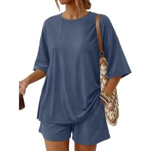 imageTrendy Queen 2 Piece Summer Set Oversized Top amp Loose Fit Shorts with PocketsDusty Blue