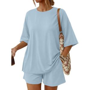 imageTrendy Queen 2 Piece Summer Set Oversized Top amp Loose Fit Shorts with PocketsLight Blue