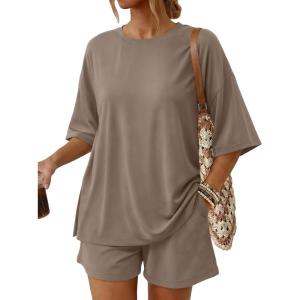 imageTrendy Queen 2 Piece Summer Set Oversized Top amp Loose Fit Shorts with PocketsMocha