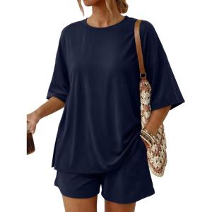 imageTrendy Queen 2 Piece Summer Set Oversized Top amp Loose Fit Shorts with PocketsNavy