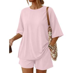 imageTrendy Queen 2 Piece Summer Set Oversized Top amp Loose Fit Shorts with PocketsPastel Pink