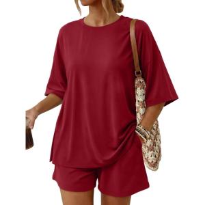 imageTrendy Queen 2 Piece Summer Set Oversized Top amp Loose Fit Shorts with PocketsRed