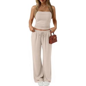imageTrendy Queen 2 Piece Vacation Outfits for Women Summer Travel Outfits 2026 Spring Fashion Tube Tops Wide Leg PantsApricot