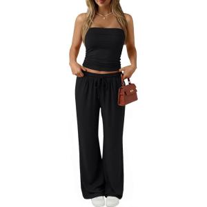 imageTrendy Queen 2 Piece Vacation Outfits for Women Summer Travel Outfits 2026 Spring Fashion Tube Tops Wide Leg PantsBlack