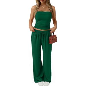 imageTrendy Queen 2 Piece Vacation Outfits for Women Summer Travel Outfits 2026 Spring Fashion Tube Tops Wide Leg PantsGreen