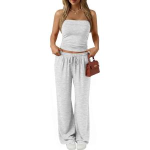 imageTrendy Queen 2 Piece Vacation Outfits for Women Summer Travel Outfits 2026 Spring Fashion Tube Tops Wide Leg PantsOatmeal Grey
