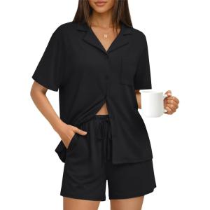 imageTrendy Queen Pajamas Set for Women 2 Piece Short Sleeve Sleepwear Button Down Pjs Matching Lounge Sets with PocketsBlack