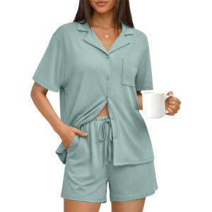 imageTrendy Queen Pajamas Set for Women 2 Piece Short Sleeve Sleepwear Button Down Pjs Matching Lounge Sets with PocketsLight Green