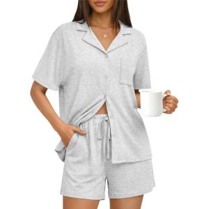 imageTrendy Queen Pajamas Set for Women 2 Piece Short Sleeve Sleepwear Button Down Pjs Matching Lounge Sets with PocketsOatmeal Grey