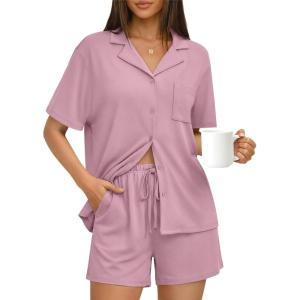 imageTrendy Queen Pajamas Set for Women 2 Piece Short Sleeve Sleepwear Button Down Pjs Matching Lounge Sets with PocketsPurple
