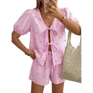 imageTrendy Queen Short Sets Women 2 Piece Summer Vacation Beach Outfits Going Out Matching Clothes Cute Striped Tie Front TopsPink