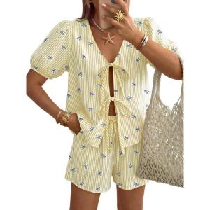 imageTrendy Queen Short Sets Women 2 Piece Summer Vacation Beach Outfits Going Out Matching Clothes Cute Striped Tie Front TopsYellow