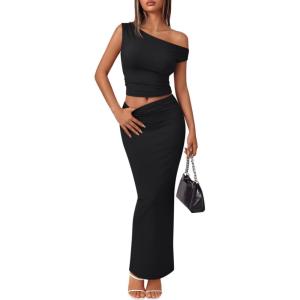 imageTrendy Queen Skirt Sets Women 2 Piece Going Out Dressy Outfits 2026 Summer Sexy Maxi Bodycon Dress Off The Shoulder Crop TopsBlack