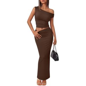 imageTrendy Queen Skirt Sets Women 2 Piece Going Out Dressy Outfits 2026 Summer Sexy Maxi Bodycon Dress Off The Shoulder Crop TopsCoffee Brown