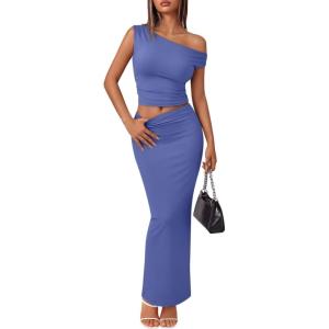 imageTrendy Queen Skirt Sets Women 2 Piece Going Out Dressy Outfits 2026 Summer Sexy Maxi Bodycon Dress Off The Shoulder Crop TopsDusty Blue