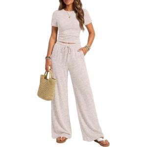 imageTrendy Queen Womens 2 Piece Lounge Matching Sets Wide Leg Pants Crew Neck Short Sleeve Shirt SweatsuitsApricot