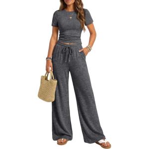 imageTrendy Queen Womens 2 Piece Lounge Matching Sets Wide Leg Pants Crew Neck Short Sleeve Shirt SweatsuitsDark Grey