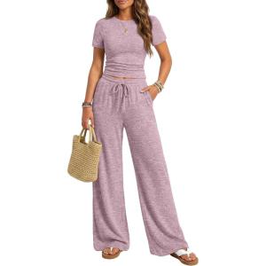 imageTrendy Queen Womens 2 Piece Lounge Matching Sets Wide Leg Pants Crew Neck Short Sleeve Shirt SweatsuitsDusty Pink