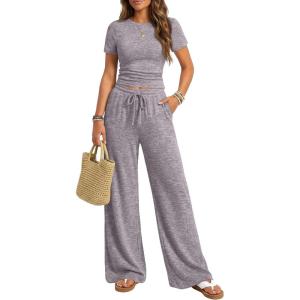 imageTrendy Queen Womens 2 Piece Lounge Matching Sets Wide Leg Pants Crew Neck Short Sleeve Shirt SweatsuitsDusty Purple