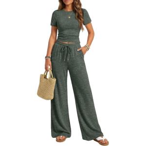 imageTrendy Queen Womens 2 Piece Lounge Matching Sets Wide Leg Pants Crew Neck Short Sleeve Shirt SweatsuitsGreen