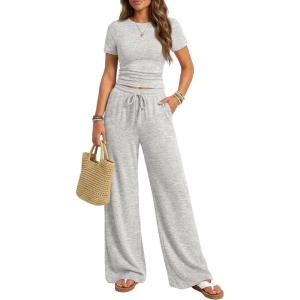 imageTrendy Queen Womens 2 Piece Lounge Matching Sets Wide Leg Pants Crew Neck Short Sleeve Shirt SweatsuitsLight Grey