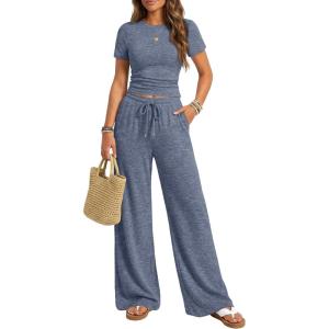 imageTrendy Queen Womens 2 Piece Lounge Matching Sets Wide Leg Pants Crew Neck Short Sleeve Shirt SweatsuitsNavy