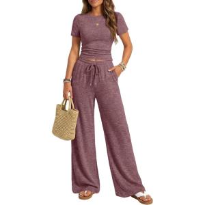 imageTrendy Queen Womens 2 Piece Lounge Matching Sets Wide Leg Pants Crew Neck Short Sleeve Shirt SweatsuitsWine