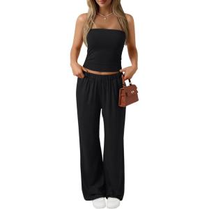 imageTrendy Queen Womens 2 Piece Lounge Sets Matching Summer Beach Vacation Outfits 2026 Striped Tube Tops Pants Travel ClothesBlack