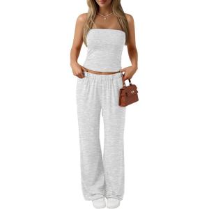 imageTrendy Queen Womens 2 Piece Lounge Sets Matching Summer Beach Vacation Outfits 2026 Striped Tube Tops Pants Travel ClothesOatmeal Grey