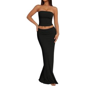 imageTrendy Queen Womens 2 Piece Skirt Sets Summer Outfits 2026 Going Out Bodycon Maxi Skirts Tube Tops Y2k Cute Vacation ClothesBlack