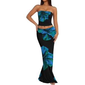 imageTrendy Queen Womens 2 Piece Skirt Sets Summer Outfits 2026 Going Out Bodycon Maxi Skirts Tube Tops Y2k Cute Vacation ClothesBlue Black