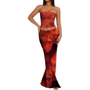 imageTrendy Queen Womens 2 Piece Skirt Sets Summer Outfits 2026 Going Out Bodycon Maxi Skirts Tube Tops Y2k Cute Vacation ClothesOrange Black