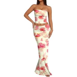 imageTrendy Queen Womens 2 Piece Skirt Sets Summer Outfits 2026 Going Out Bodycon Maxi Skirts Tube Tops Y2k Cute Vacation ClothesYellow Pink