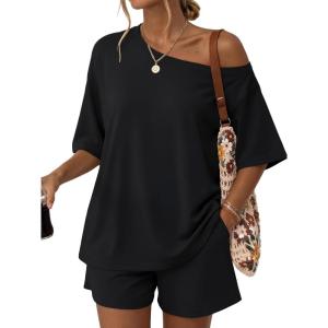imageTrendy Queen Womens 2 Piece Summer Shorts Set Lounge Matching Two Piece Oversized Beach Vacation Outfits 2026 SweatsuitsBlack