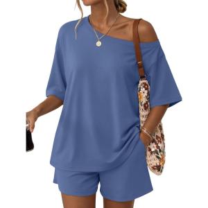 imageTrendy Queen Womens 2 Piece Summer Shorts Set Lounge Matching Two Piece Oversized Beach Vacation Outfits 2026 SweatsuitsBlue