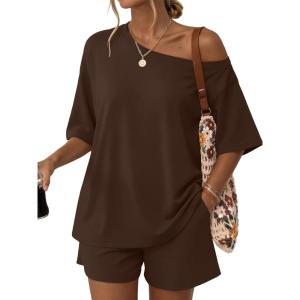 imageTrendy Queen Womens 2 Piece Summer Shorts Set Lounge Matching Two Piece Oversized Beach Vacation Outfits 2026 SweatsuitsBrown